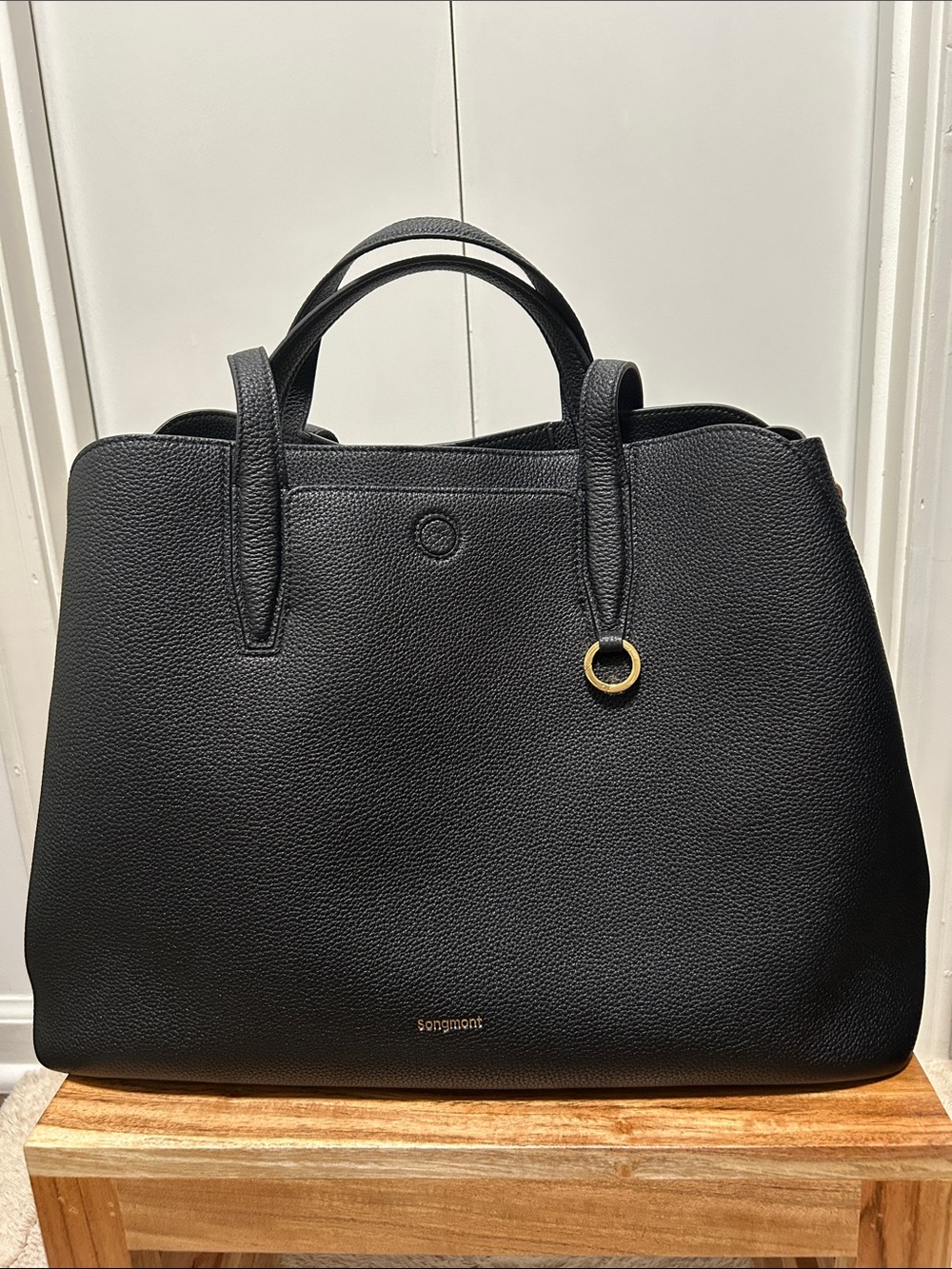 Authentic Songmont Large Yore Tote Bag| Onyx Black Leather Laptop Work Travel - Picture 4 of 15